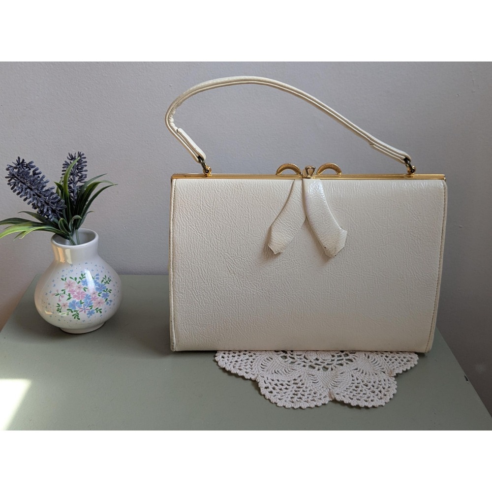 Vintage 1960s Creation Diane Ivory Handbag Gold Frame Bow Purse